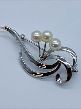 Mikimoto Three Cultured Pearl Accent Silver Brooch